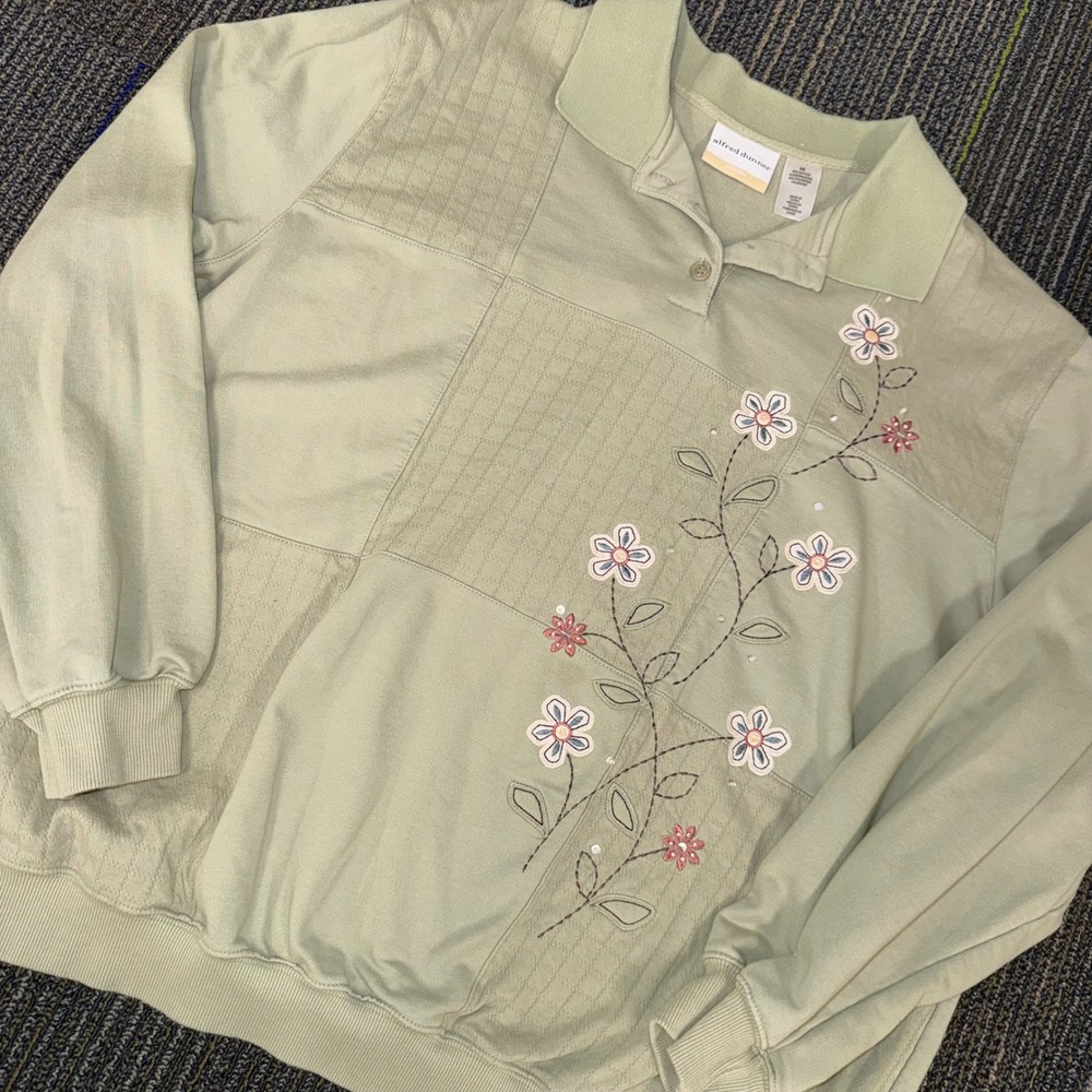 Alfred Dunner Sweatshirt Women 3X Green Excellent Floral Embroidered Beaded Polo